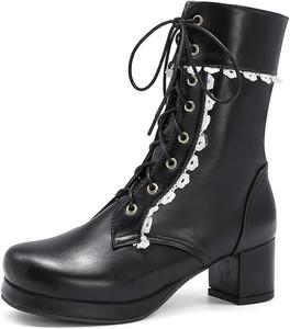 Женские ботильоны VOKLIN в стиле Лолита для косплея, с круглым носком, на шнуровке, с массивным средним каблуком, короткие, Black-Velvet Lined