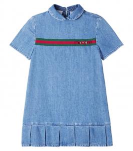 Платье деним с полосками и пряжкой Horsebit Gucci Kids, Light Blue/Mix