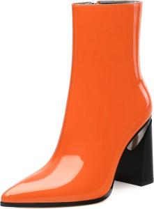 Женские ботильоны, 3,5 дюйма с заостренным носком, лакированные ботильоны на высоком каблуке, короткие ботинки с массивным каблуком и боковой молнией Heisnemca, Orange Patent