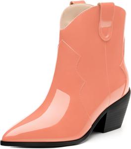 Женские ковбойские ботинки SKYSTERRY, женские вестерн-батильоны с заостренным носком, высоким массивным каблуком, лакированные, модные, на каждый день, для вечеринок, шопинга, свиданий, Coral Pink