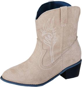 Женские ковбойские ботинки IWIHMIV с вышивкой, короткие вестерн-босоножки, низкий массивный каблук, заостренный носок, широкий голень, ботильоны, Beige
