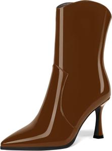 Женские ботильоны AMBELIGHT с острым носком, на молнии, для свиданий и путешествий, лакированные, на высоком каблуке-стилетто 3,3 дюйма, Brown
