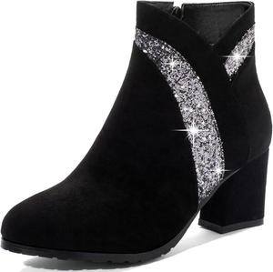 Женские блестящие ботинки DINTAHA, замшевые ботильоны на каблуке для женщин, массивный каблук, боковая молния, блестящие ботильоны, Black