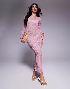 Пляжное платье-макси с открытой спиной, связанное крючком, розового цвета Missyempire