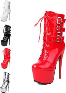 Женские ботильоны на каблуке-стилетто с высокой платформой, круглым носом, шнуровкой, средней голенью, пряжкой и молнией Generic, Red