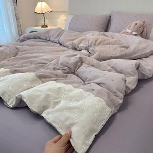 FUANNA Комплект постельного белья 200x230 см, простыня, ультрамягкий муслин, не скатывается, фиолетовый с кружевным бантом