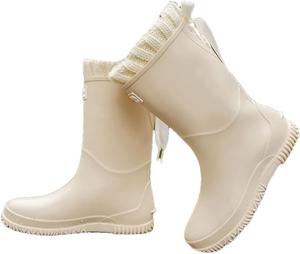 Женские модные рабочие резиновые сапоги до середины икры, с противоскользящей подошвой, съемной хлопковой подкладкой, низким квадратным каблуком, без застежки, с круглым носком, водонепроницаемые Generic, Apricot Cotton
