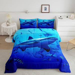 Erosebridal Комплект постельного белья 3D Digital Printing Shark с принтом подводного мира, 100% микрофибра, синий, Multi 32