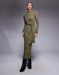 Платье миди ASOS DESIGN цвета хаки с длинными рукавами, высоким воротом и завязкой спереди