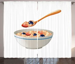 Штора ABAKUHAUS Овсянка в деревенском стиле, Ложка и миска, для гостиной, универсальная ленточная штора с петлями и крючками, 280 x 225 см, разноцветная