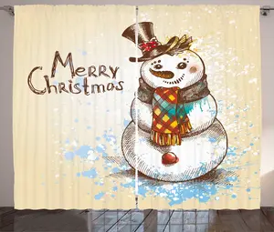 Штора ABAKUHAUS Снеговик в деревенском стиле, рождественский эскиз, универсальная ленточная штора для гостиной с петлями и крючками, 280 x 175 см, кремово-коричневый, синий