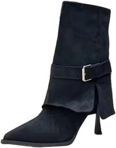 Женские короткие ботильоны на высоком каблуке с заостренным носком и резиновой подошвой. Модные и простые. Fusecottc, Black