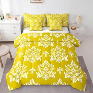 Erosebridal Комплект постельного белья 7 предметов желтый дамаск цветочный готический античный барокко викторианский бохо, Yellow White