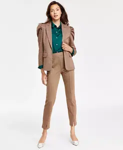 Женский блейзер в клетку с узором «гусиная лапка» с рукавами-фонариками, блузка на пуговицах и брюки в клетку с узором «гусиная лапка» с разрезами по низу CeCe, черный