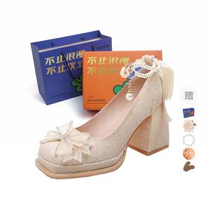 Женские туфли на высоком массивном каблуке, цвета шампанского и золота [подарочный набор] WOXXXN, Champagne Gold 8.5Cm[Gift Box Set]+Giveaway