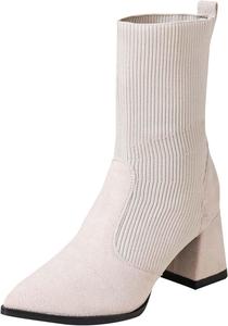 Женские зимние ботильоны на босу ногу с ребристым вязаным и замшевым верхом, высокоэластичные массивные ботильоны с высоким каблуком и заостренным носком Generic, Beige