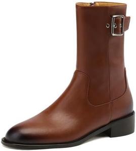 Женские ручные ботильоны TinaCus из натуральной кожи с круглым носком, боковой молнией и пряжкой на щиколотке, Brown