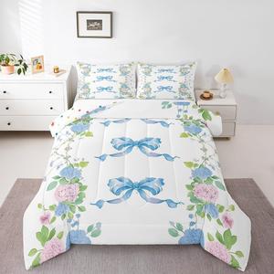 Erosebridal Комплект постельного белья Watercolor Blue Bow с цветочным принтом и бантами, Pale Blue