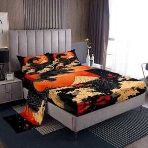 Erosebridal Комплект постельного белья Dragon King Size в японском стиле укиё-э с принтом горы Фудзи и морских волн, черно-красная расцветка, Black Red