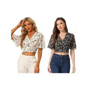 2 упаковки женских укороченных топов с цветочным принтом, коротким рукавом и v-образным вырезом Inspire Chic, White Black