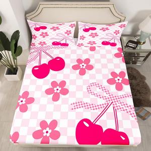 Erosebridal Комплект постельного белья Groovy Vintage Floral с цветочным принтом и клетчатым бантом в розово-белой гамме, White Light Pink