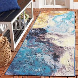 Ковер-дорожка SAFAVIEH, 82 x 244 см, Barbados Collection - , Blue & Rust Gold, современный абстрактный дизайн, для помещений и улицы, можно стирать, идеально для патио, заднего двора, прихожей (BAR540M-28)