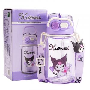 Пластиковая бутылка для воды с трубочкой 600 мл Sanrio, фиолетовый kuromi