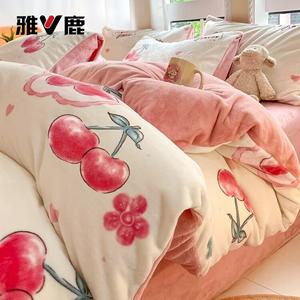 Yalu Комплект постельного белья 1.5 м, 4 предмета: пододеяльник 200x230 см, простыня на резинке, 2 наволочки, цвет Wl Pink Cherry, двусторонний флис, утепленный