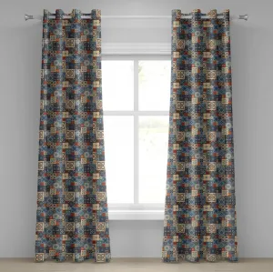 Марокканская штора на люверсах ABAKUHAUS с квадратным узором в стиле сетки, арабески, восточные, тунисские, декоративные двухпанельные шторы, 280 см x 260 см, темно-оранжевый, сине-серый Abakuhaus