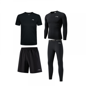 Мужской спортивный костюм Li Ning с круглым вырезом, умеренный крой., [fleece-lined four-piece set]fleece-lined черный long-sleeved+fleece-lined черный pants+short-sleeved shirt+shorts
