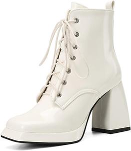 Женские ботильоны Lossarye с квадратным носком на шнуровке, массивным каблуком, модные ботинки из лаковой кожи на высокой подошве, ботильоны для платья, White