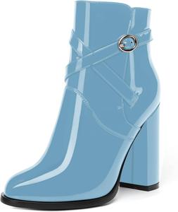 Женские ботильоны SKYSTERRY на высоком каблуке 4 дюйма с круглым носком, для вечеринки, лакированные, на низком подъеме, Light Blue