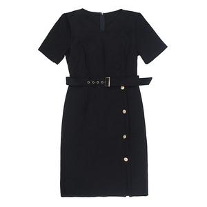 Женское платье-футляр с поясом и пуговицами, короткий рукав, карандаш Inspire Chic, Black