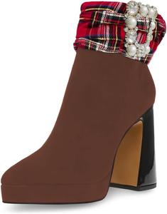 Женские модные ботильоны YDN с жемчужной пряжкой, заостренным носком, двухцветные, на платформе с массивным каблуком, боковой молнией, для вечеринок и покупок, выпускной, размеры 4-16 US, Brown