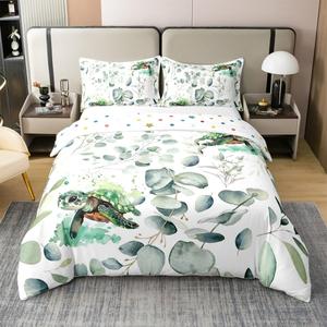 Erosebridal Хлопковый комплект постельного белья с морскими черепахами и ботаническими листьями, Turqoise