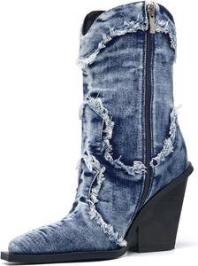 Женские джинсовые ковбойские сапоги с блестками, средней высоты, миндалевидный носок, массивный каблук, блестящие сапоги с широким голенищем в западном стиле Driceic, Blue