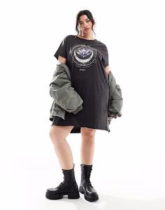 Футболка-мини-платье Curve с изображением лотоса в выбеленном черном цвете Only Curve