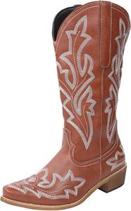 Женские вестерн-казачьи ботильоны с толстым каблуком до середины голени, заостренный носок Generic, Brown