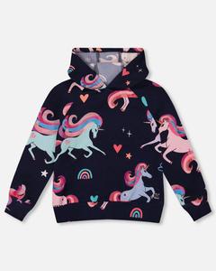 Детская флисовая толстовка с капюшоном для девочек, темно-синяя, с принтом единорога - для малышей/детей Deux par Deux, Navy unicorn print
