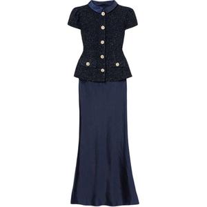 Металлическое платье макси из букле Self-portrait, темно-синий