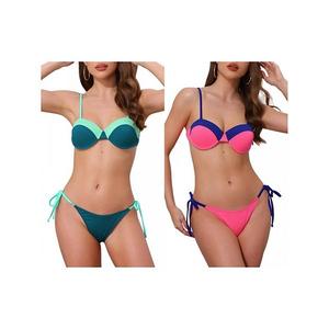 2 комплекта женского бикини с контрастными цветами, топ на тонких бретелях и треугольные трусики Inspire Chic, Teal Green Fuchsiablue