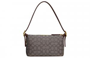 Деми Жаккардовая Ткань с Переработанной Кожей Плечевая Сумка Средний Размер Женская Коричневая COACH