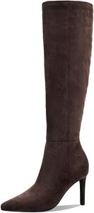 Женские сапоги выше колена с средним каблуком и заостренным носком, высокие сапоги с боковой молнией, пряжкой и бантом, длинные сапоги для осени и зимы MOTIMODEN, Braun Wildleder