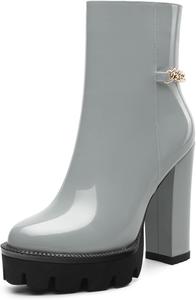 Женские ботильоны с высокой массивной платформой и круглым носком, короткие ботинки на каблуке с цепочкой на щиколотке 4,7 дюйма, обувь для работы, улицы и банкета. CDXJHYMY, Grey Patent