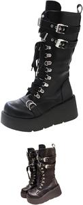 Женские ботинки в стиле Visual Kei, гранж, панк, готика на платформе - модные ботинки с заклепками и пряжками, на высоком каблуке, с нескользящей подошвой, до середины голени. TAURAOO, Black