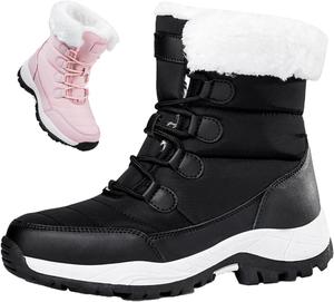 Женские зимние ботинки на щиколотку с поддержкой, удобные теплые с меховым воротником, водонепроницаемые, противоскользящие, шнурованные, короткие походные ботильоны HNEOWGN, Black