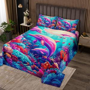 Erosebridal Комплект постельного белья Pink Dolphin с океанскими животными и коралловым рифом в подводном стиле, Pink Blue Orange