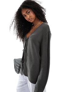 Кардиган свободного кроя с v-образным вырезом и завязками спереди оливкового цвета ASOS DESIGN