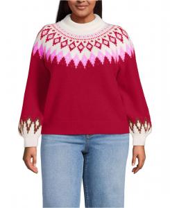 Свитер большого размера с высоким воротником-стойкой и рукавами-фонариками, жаккардовый Lands' End, Rich red fairisle