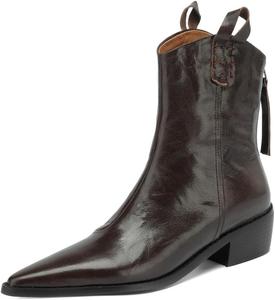 Женские ботинки TinaCus из натуральной кожи с заостренным носком, ручной работы, с задней молнией, низким толстым каблуком, в модном западном стиле, Brown